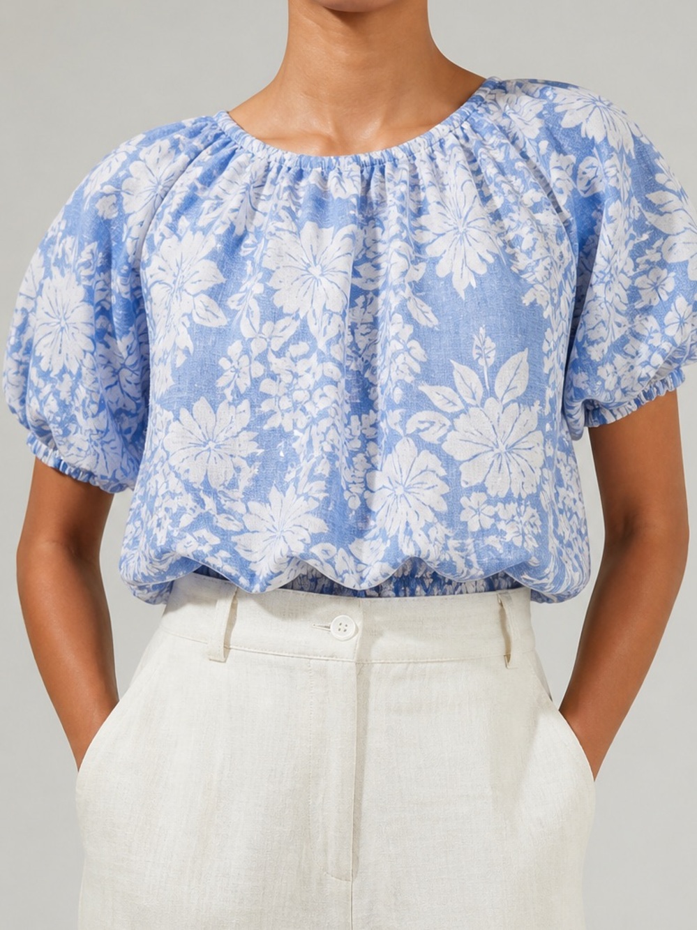 C&C California 100% Linen Blue Floral Cropped Blouse | Lightweight Summer Top